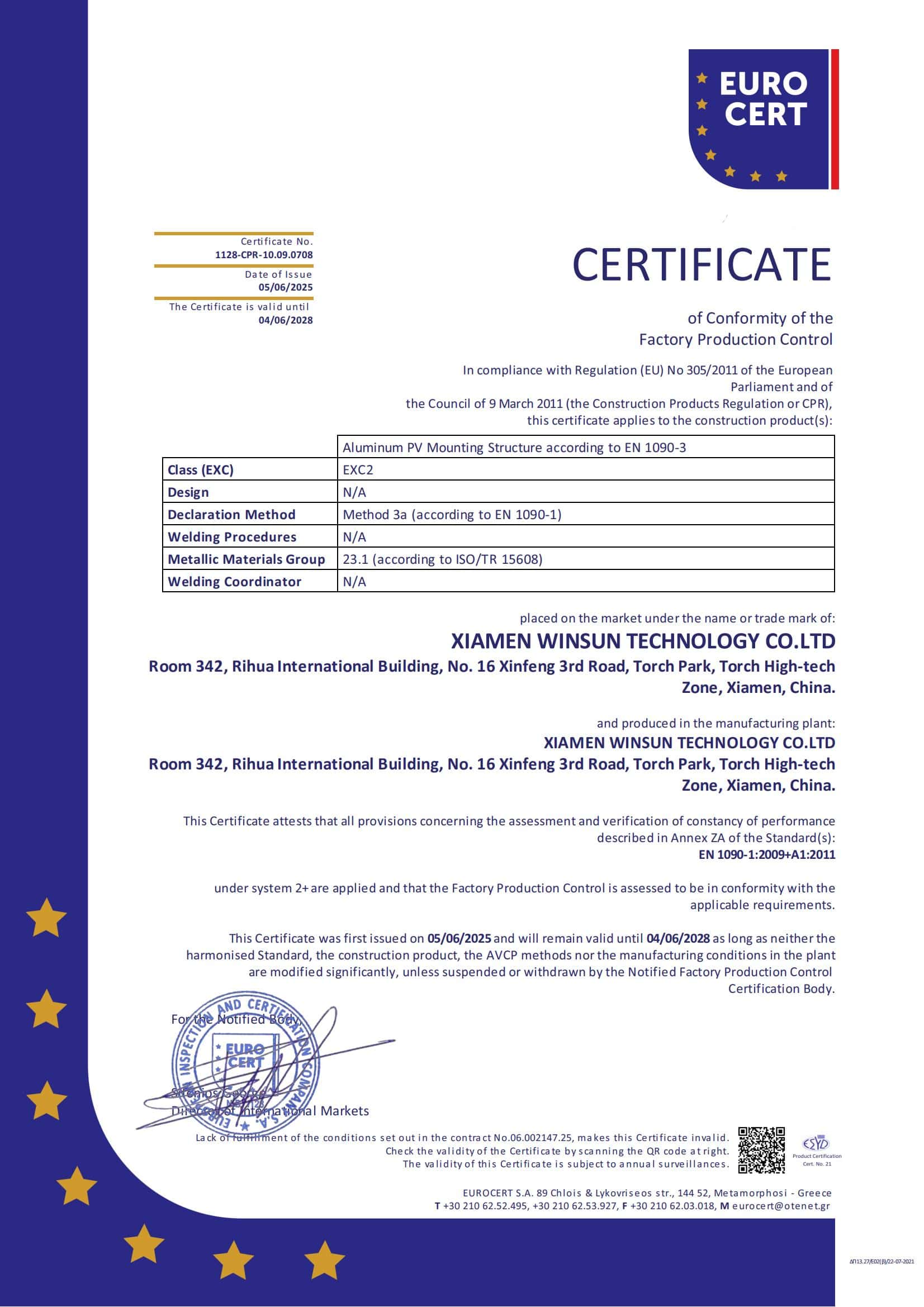 Winsun Solar Montagestructuur CE-certificaat (EN 1090-1)